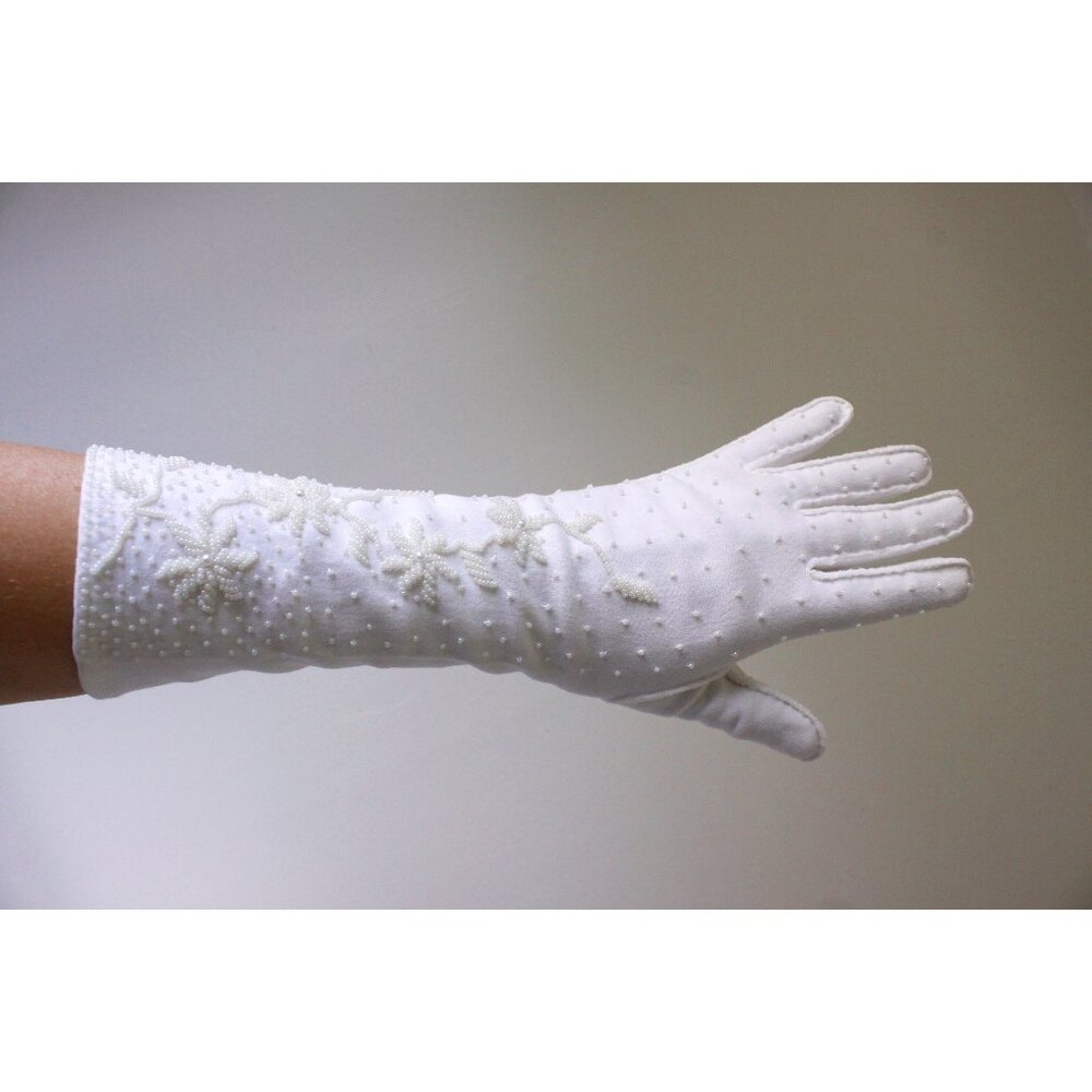 Long white felt beaded gloves size 6.5 - 7, vintage wedding bridal gloves 1950s